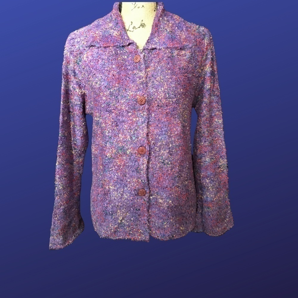 TINU & STU Cardigan, PURPLE BOUCLE, Long/Bell Sleeve, NWOT, Size L